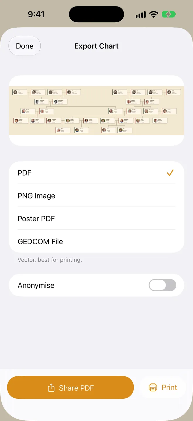 The export sheet on iPhone with a preview of the chart.