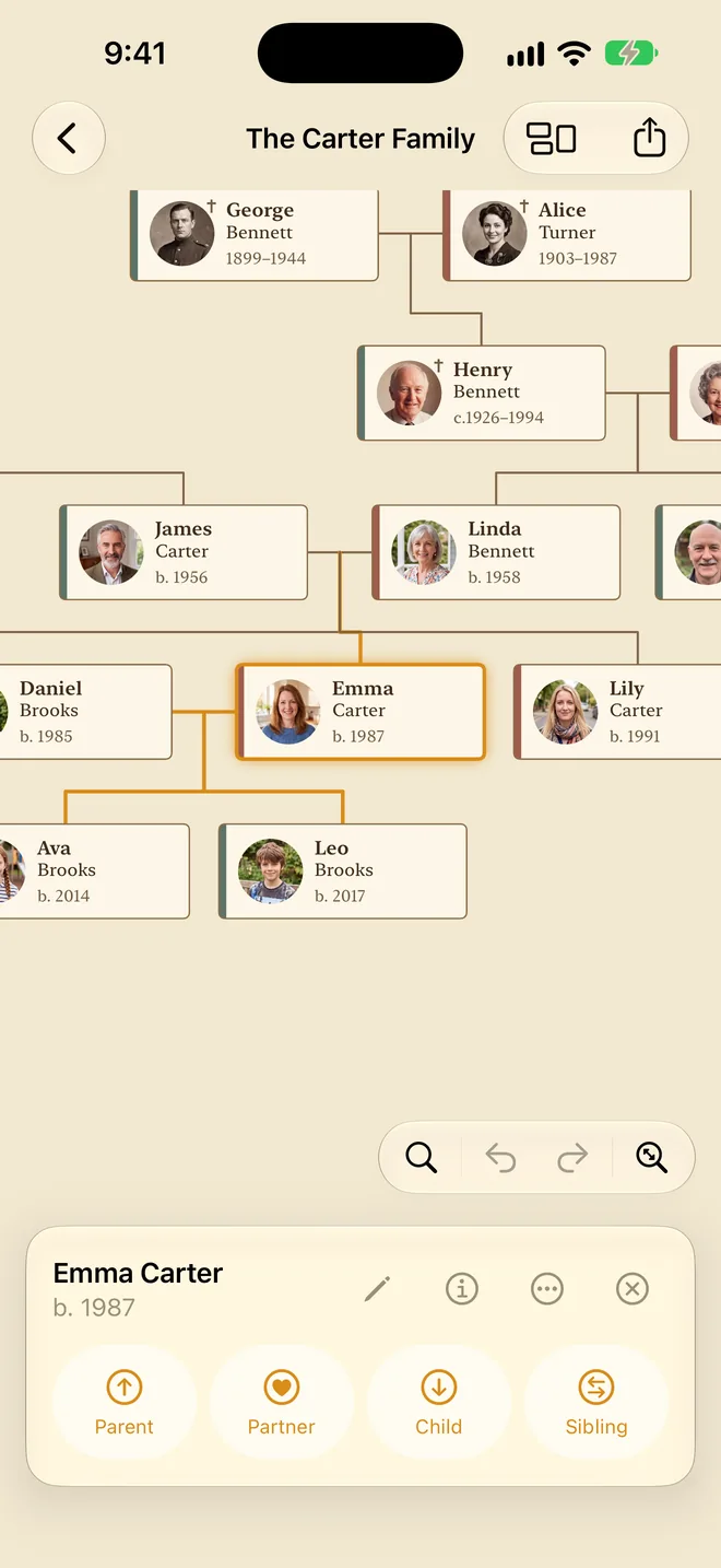Kinchart on iPhone while adding a person to the Carter family.